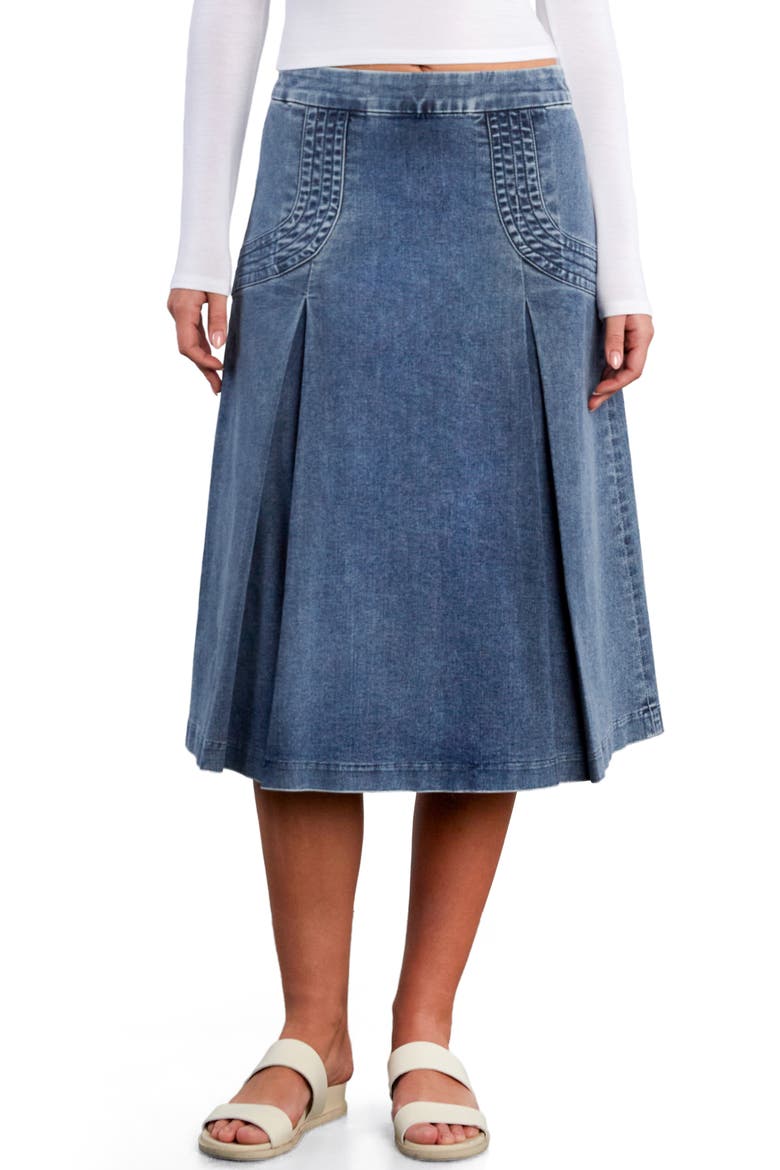 Cascade Pleated Denim Skirt, Main, color, REGAL BLUE