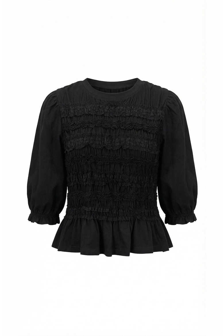 Smocked Peplum Puff Sleeve Blouse, Alternate, color, Black