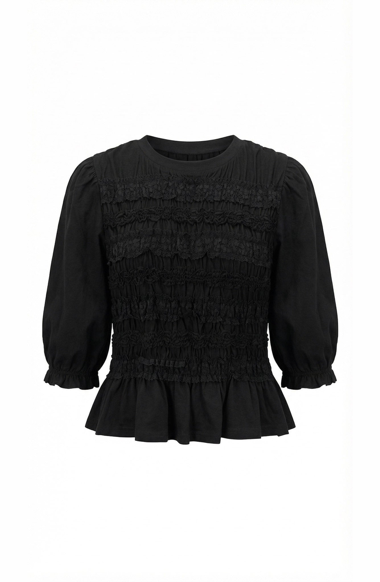 Modenaire Smocked Peplum Puff Sleeve Blouse, Alternate, color, Black