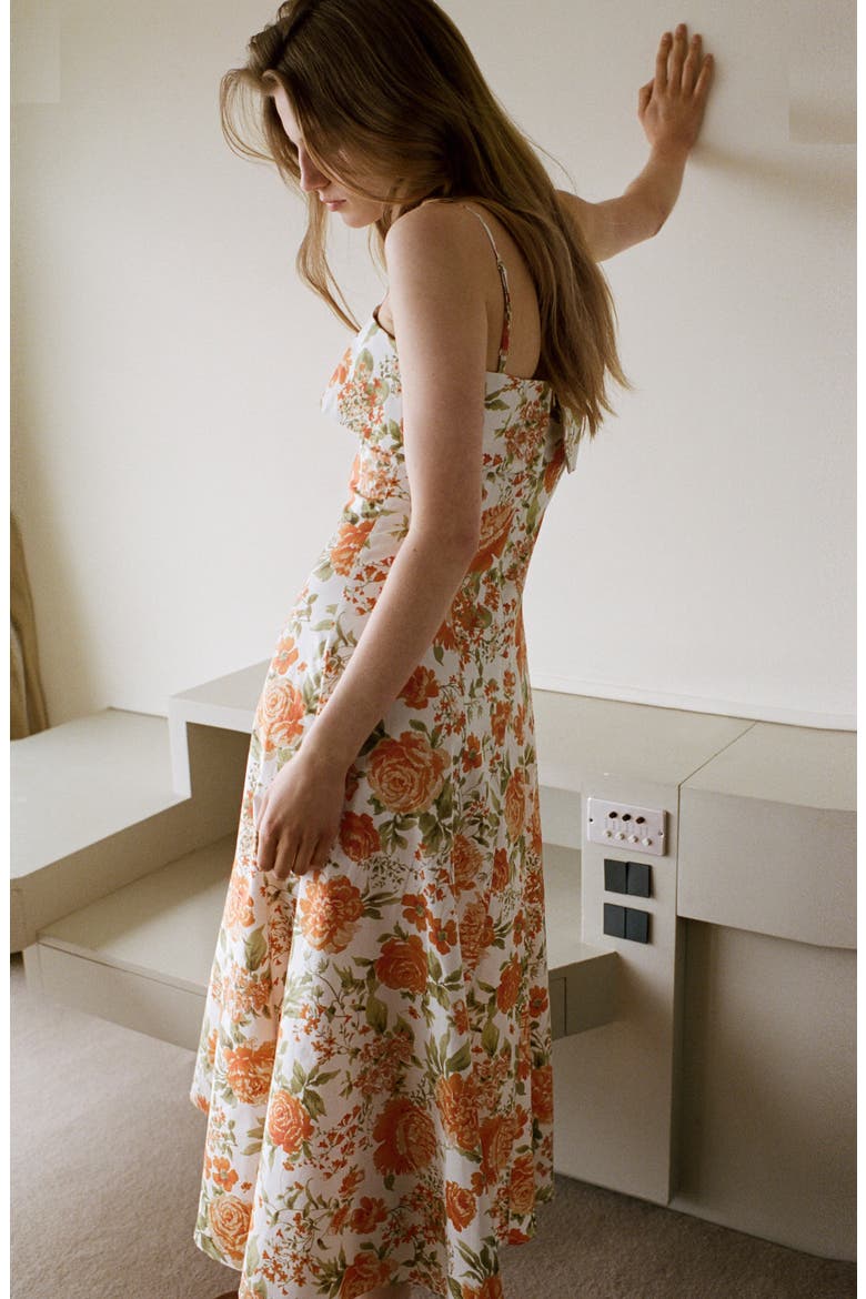 Floral Print Flared Midi Dress, Alternate, color, ORANGE