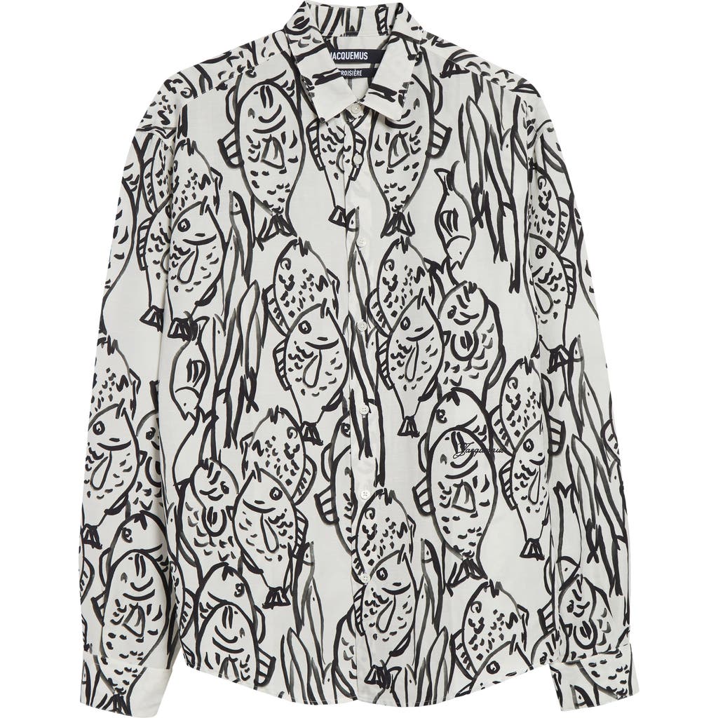 Jacquemus 'la Chemise Simon' White Shirt With All-over Printed Motif In Fish Black And White