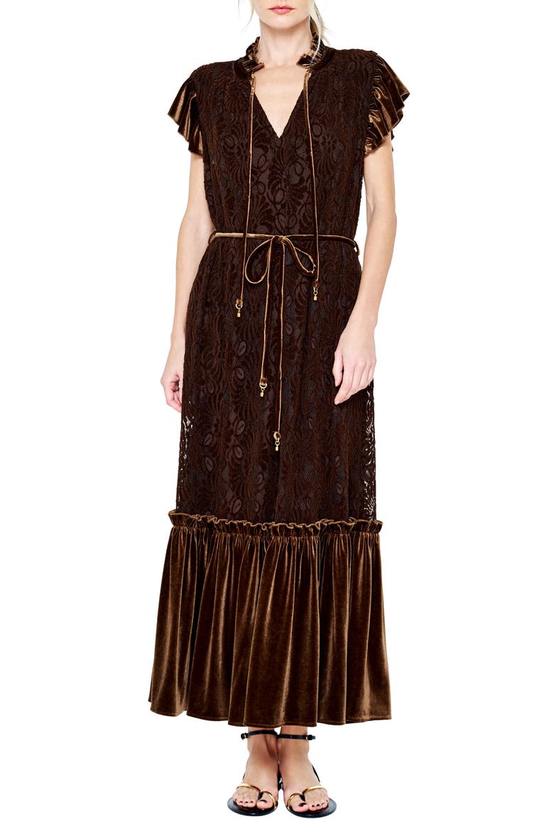 Hilma Velvet Trim Lace Maxi Dress, Main, color, BROWN