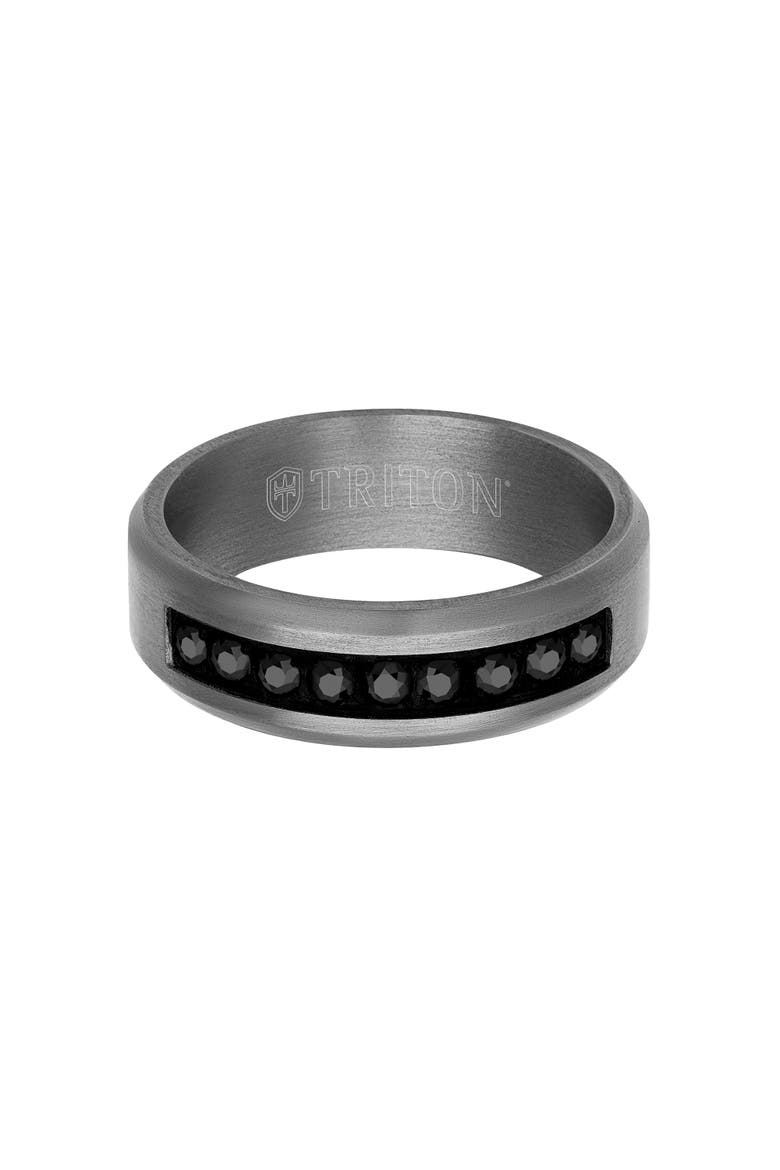 7MM Tantalum Ring with Channel Set Black Sapphires and Bevel Edge, Alternate, color, Metallic Silver