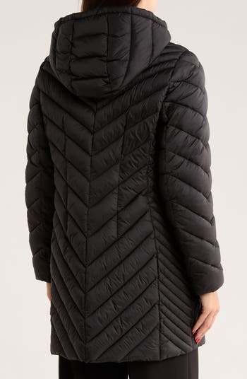 Chevron Quilted Longline 400 Fill Power Hooded Puffer Jacket