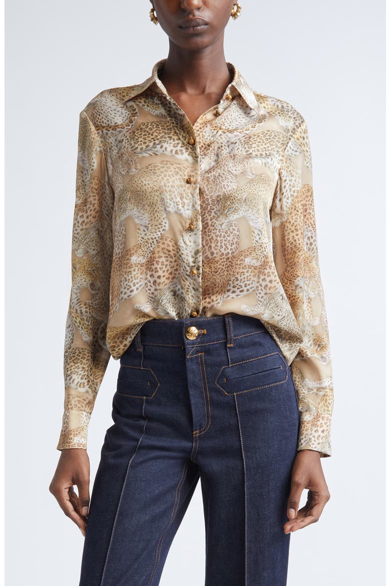 Rebellion Relaxed Silk Button-Up Shirt, Main, color, LATTE LEOPARD