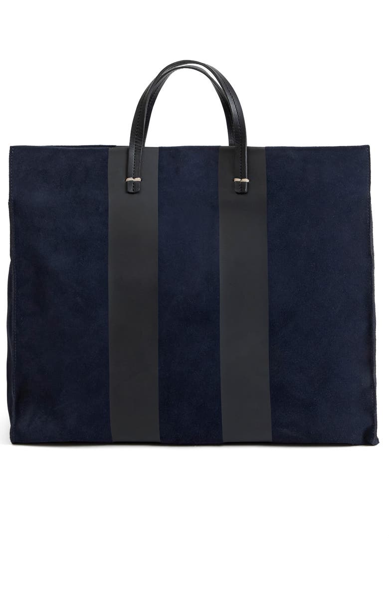 Clare V. Simple Racing Stripe Suede Tote, Main, color, Navy