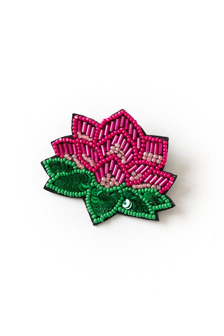 Bala Mani Beaded Lotus Brooch Pin, Main, color, Pink