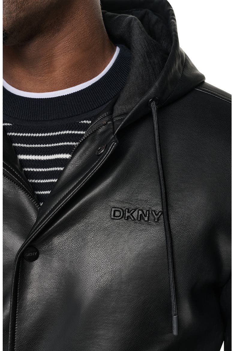 Faux Leather Hooded Bomber Jacket, Alternate, color, BLACK