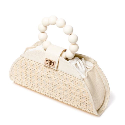 Soli & Sun The Isabella Tan Rattan Solihiya Weave And Gold Bead Top Handle Statement Bag In White