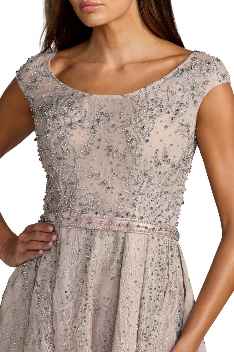 Embellished Cap Sleeve High Slit A Line Gown, Alternate, color, Taupe