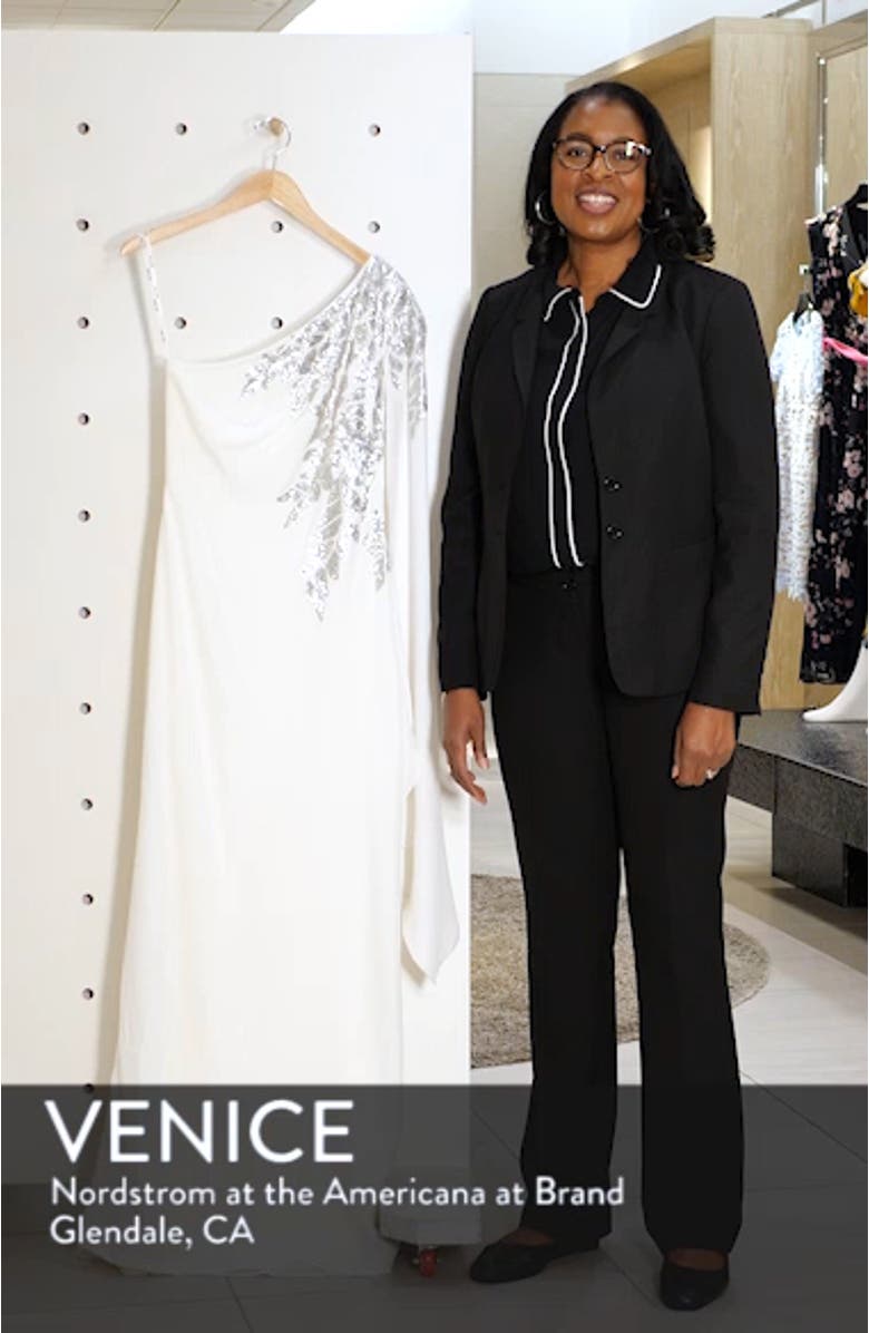 One-Shoulder Cape Sleeve Crepe Gown, sales video thumbnail