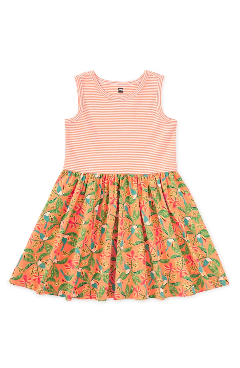Tea Collection Print Mix Tank Skirted Dress, Main, color, Toucan In Banana Palm