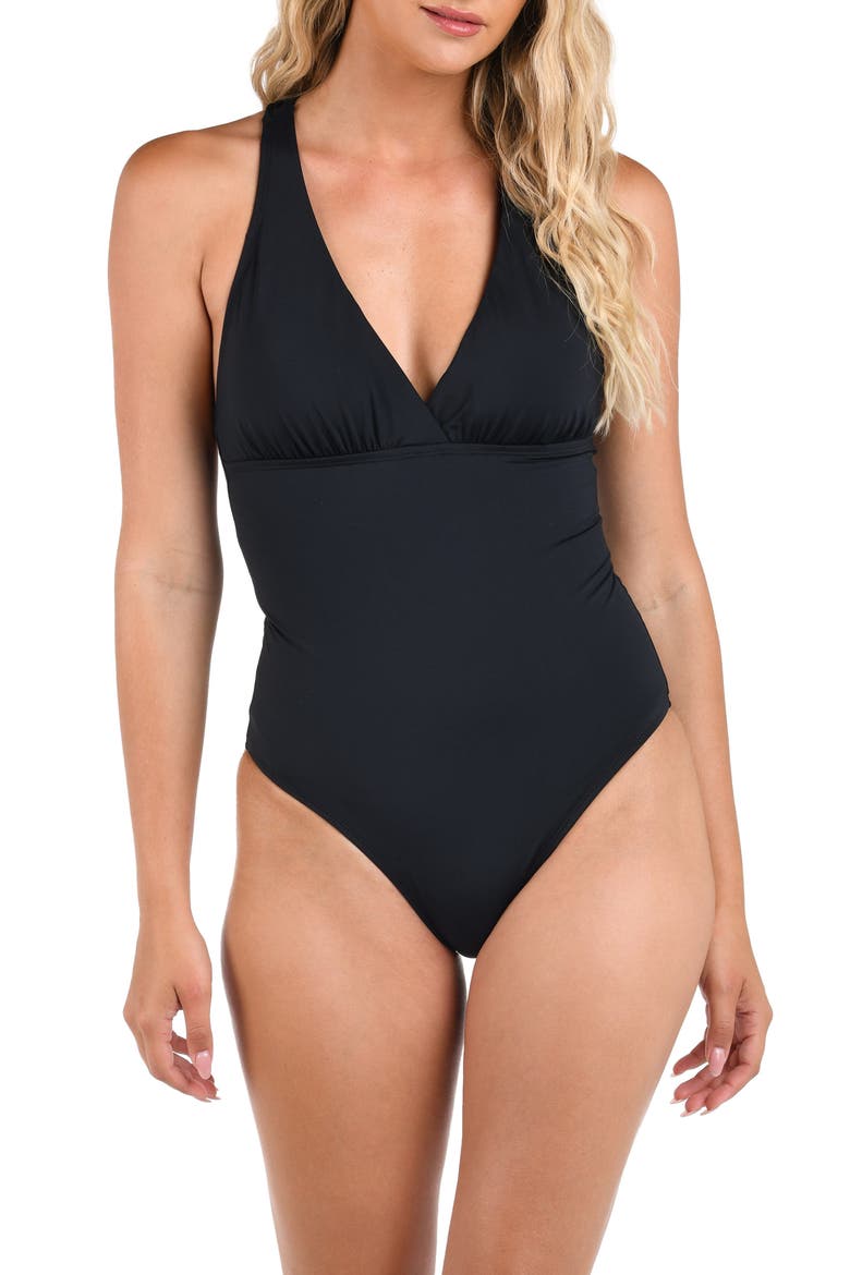 Island Goddess Cross Back One-Piece Swimsuit, Main, color, BLACK