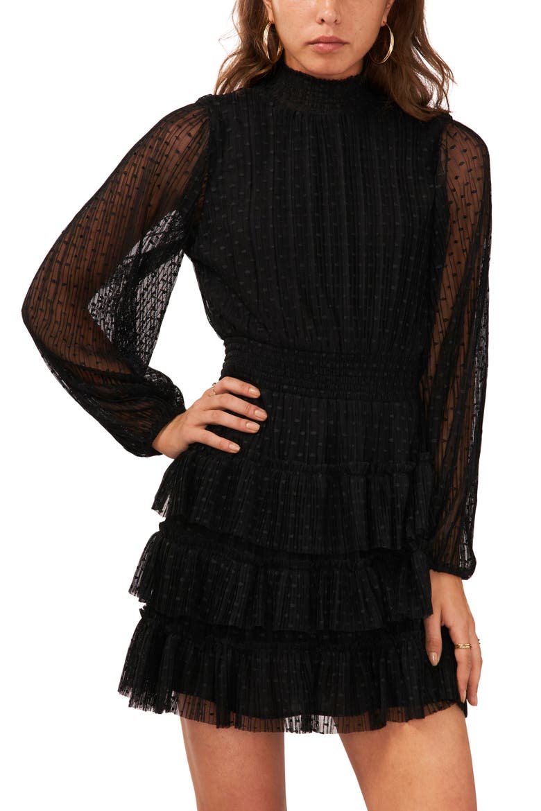 Long Sleeve Plissé Point d'Esprit Minidress, Alternate, color, RICH BLACK