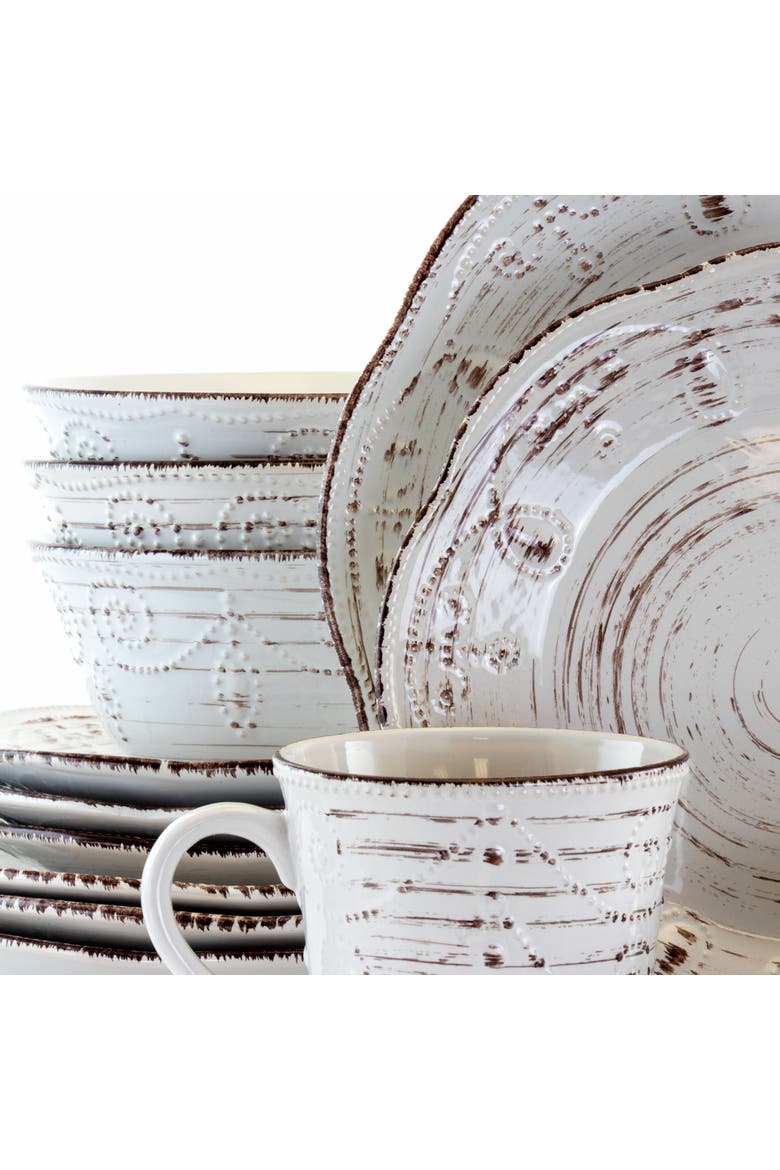 Rustic Birch 16 Piece Stoneware Round Dinnerware Set, Alternate, color, White