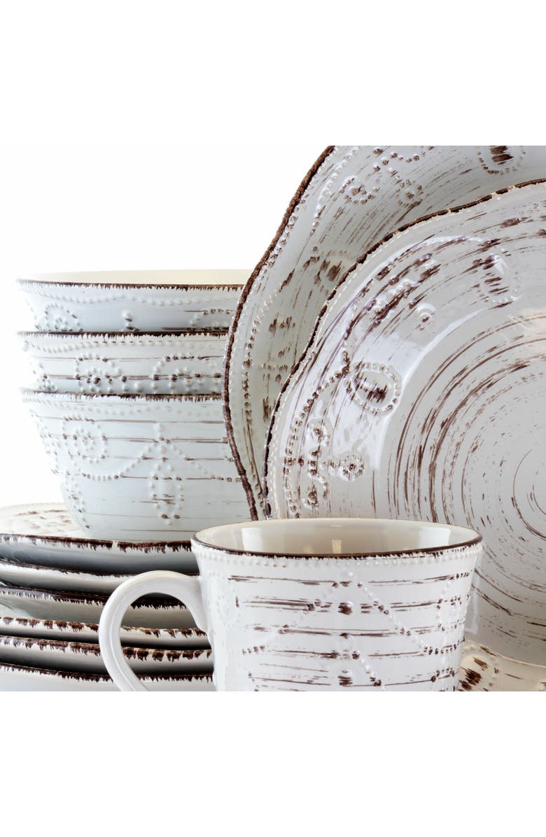 Elama Rustic Birch 16 Piece Stoneware Round Dinnerware Set, Alternate, color, White