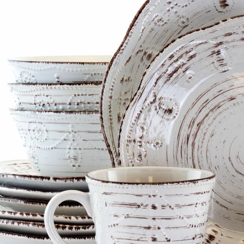 Elama Rustic Birch 16 Piece Stoneware Round Dinnerware Set In White