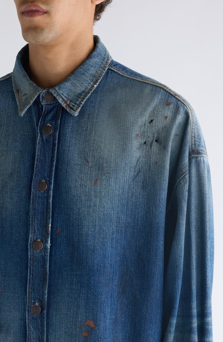 Acne Studios Setar Trafalgar Distressed Denim Button-Up Shirt, Alternate, color, Mid Blue