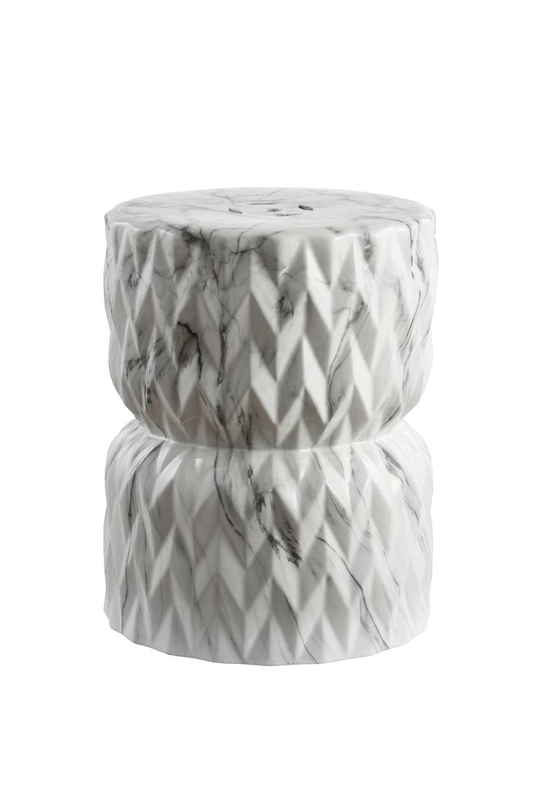 Chevron Drum Traditional Marble Finish Ceramic Drum Garden Stool, Pierced Indoor/Outdoor Patio Seat & Side Table, Main, color, White Marble Finish
