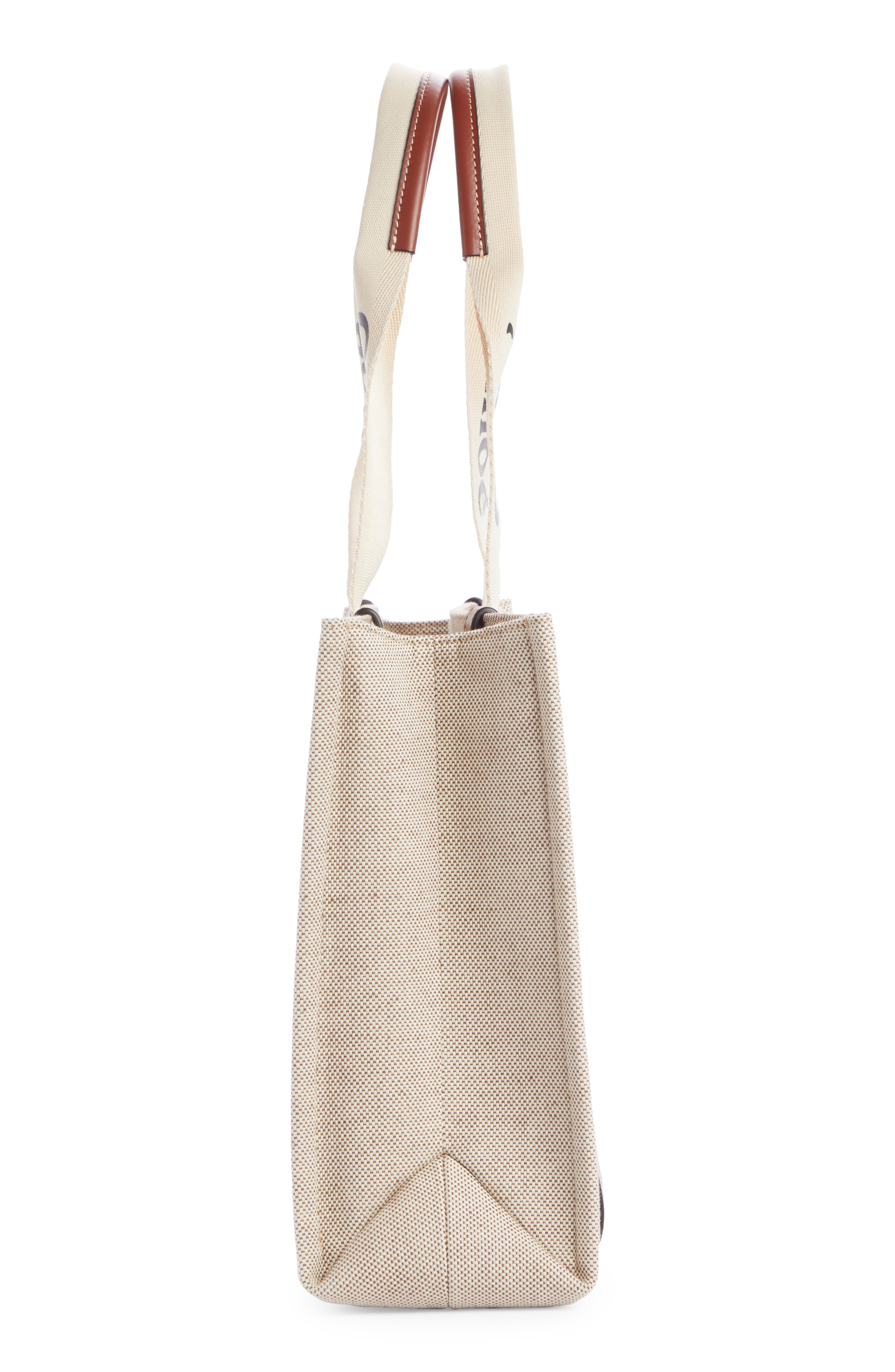 Medium Woody Logo Strap Canvas Tote, Alternate, color, WHITE - BROWN 1