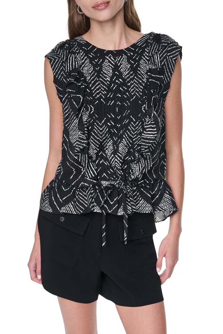 Print Flange Sleeve Ruffle Front Top, Main, color, GEO DIAMOND POINTELLE