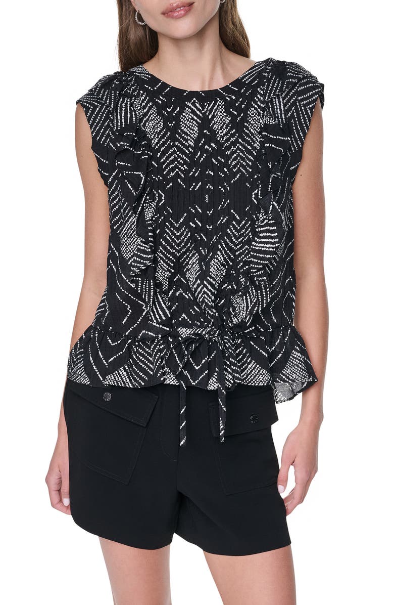 DKNY Print Flange Sleeve Ruffle Front Top, Main, color, Geo Diamond Pointelle