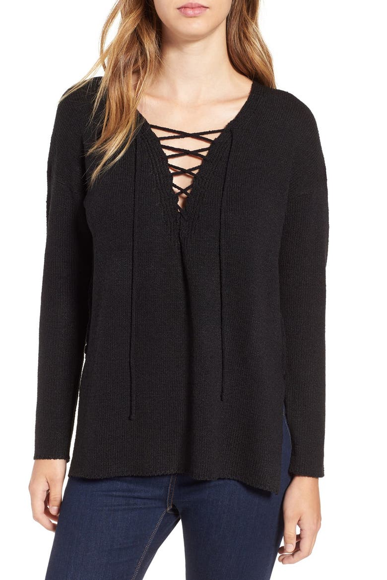 ASTR Lace-Up Sweater, Main, color, BLACK
