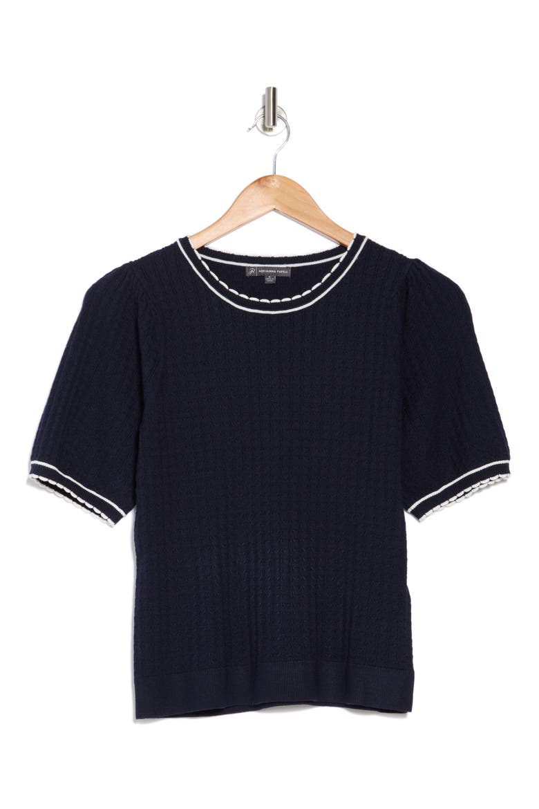 Ladylike Scalloped Short Sleeve Sweater, Alternate, color, NAVY/IVORY