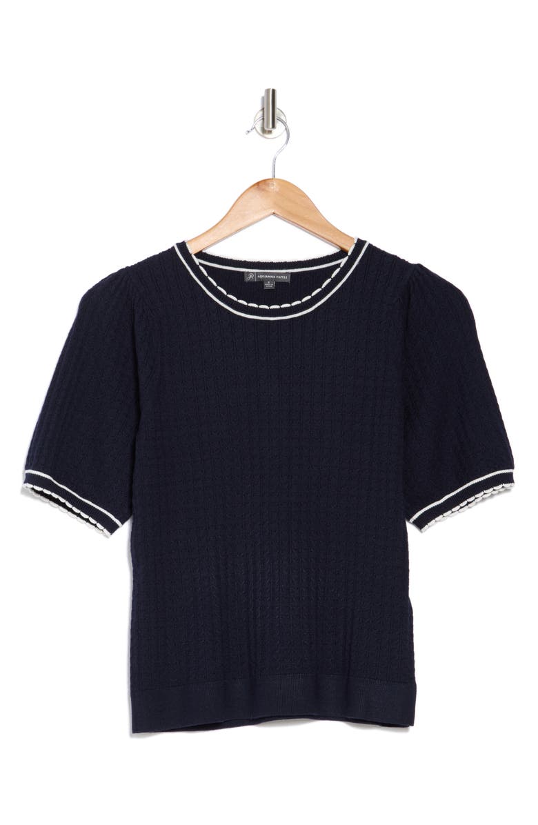 Adrianna Papell Ladylike Scalloped Short Sleeve Sweater, Alternate, color, Navy/Ivory