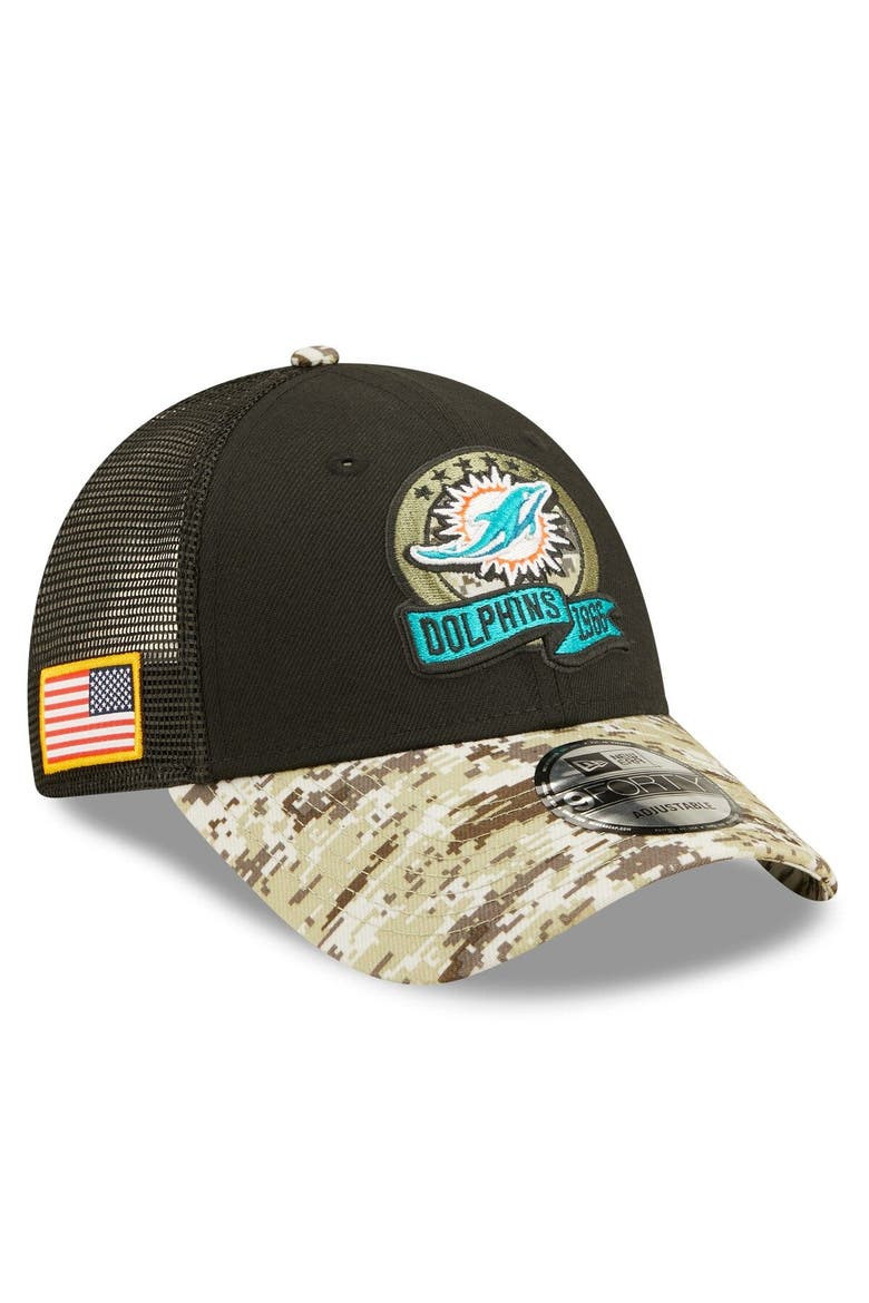 Men's New Era Black/Camo Miami Dolphins 2022 Salute To Service 9FORTY Snapback Trucker Hat, Main, color, Black
