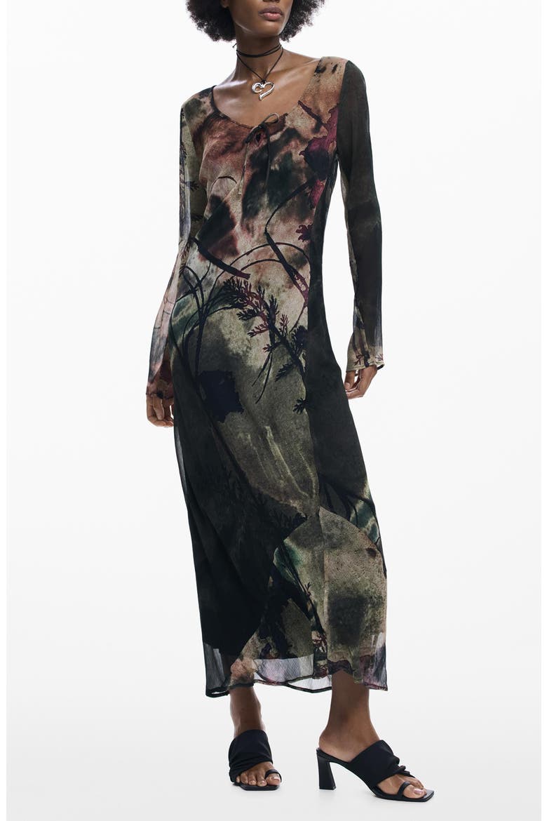 Abstract Print Long Sleeve Dress, Main, color, BLACK