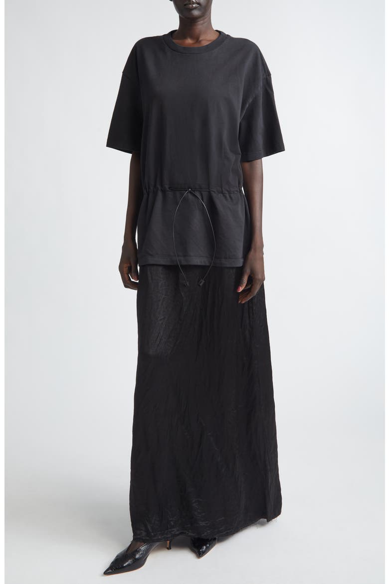 Joopy Drawstring Waist Mixed Media T-Shirt Dress, Main, color, BLACK