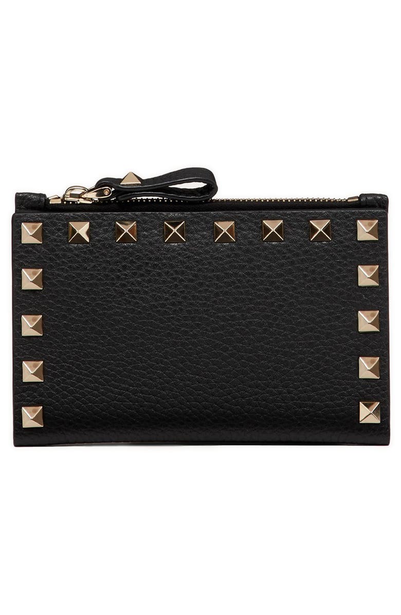 Valentino Garavani Rockstud Zip Coin & Card Pouch, Alternate, color, Nero