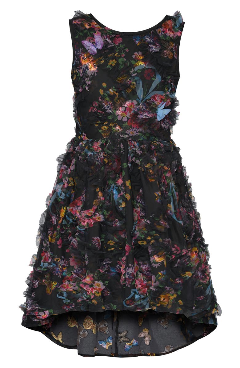 Hannah Banana Kids' Hilo Flower 3D Ruffle Dress, Main, color, Black Multi