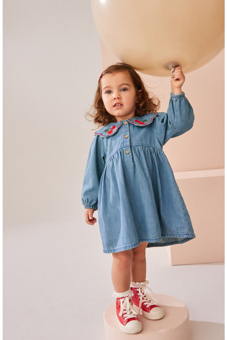 Kids' Cherry Long Sleeve Denim Dress, Alternate, color, BLUE