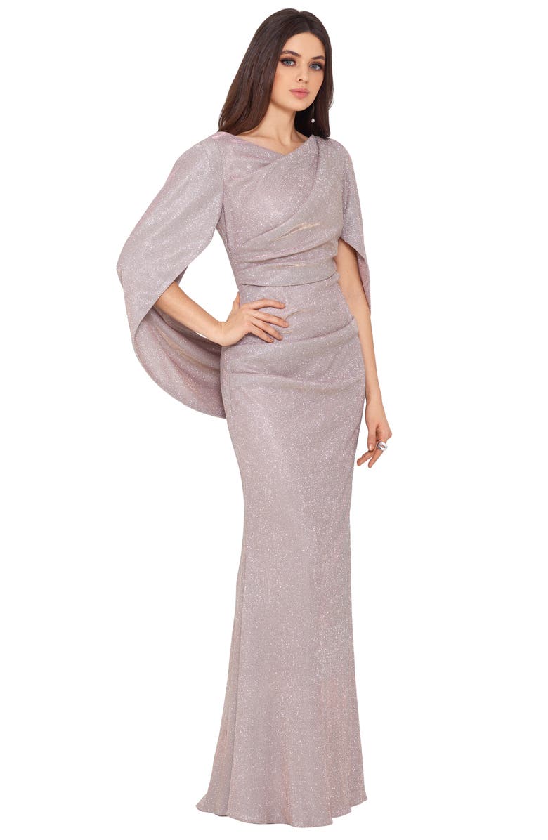 Betsy & Adam Cape Sleeve Trumpet Gown, Alternate, color, Whtpinkgld