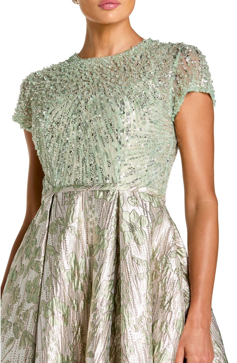Mac Duggal Beaded Cap Sleeve Ball Gown with Metallic Brocade Skirt, Alternate, color, Sage