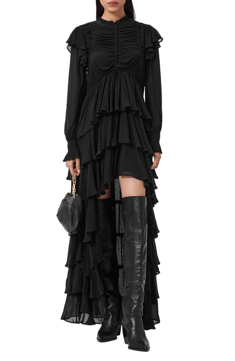 AllSaints Leila Layered Ruffle Long Sleeve High-Low Maxi Dress, Main, color, Black