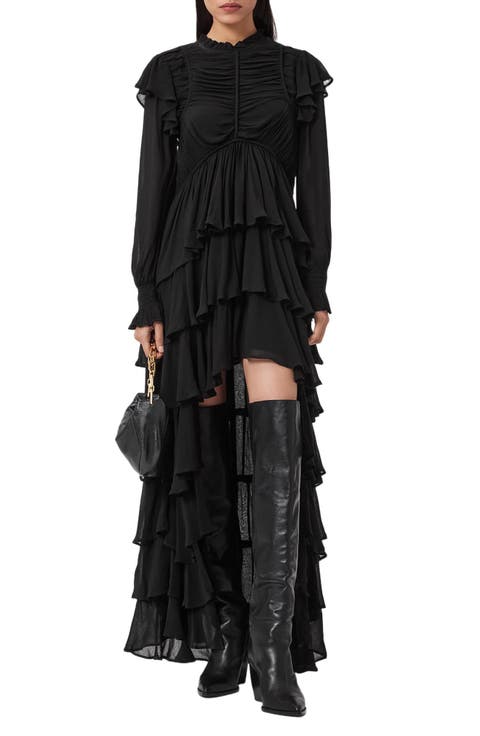 Leila Layered Ruffle Long Sleeve High-Low Maxi Dress