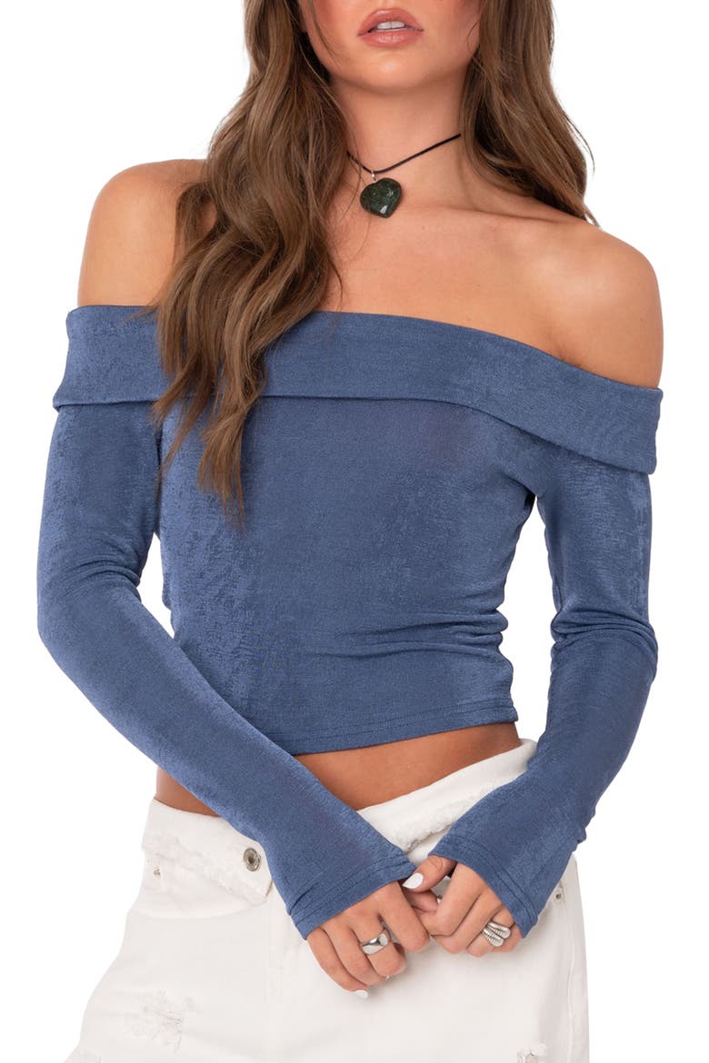 Athena Fold Over Off the Shoulder Long Sleeve Top, Main, color, BLUE