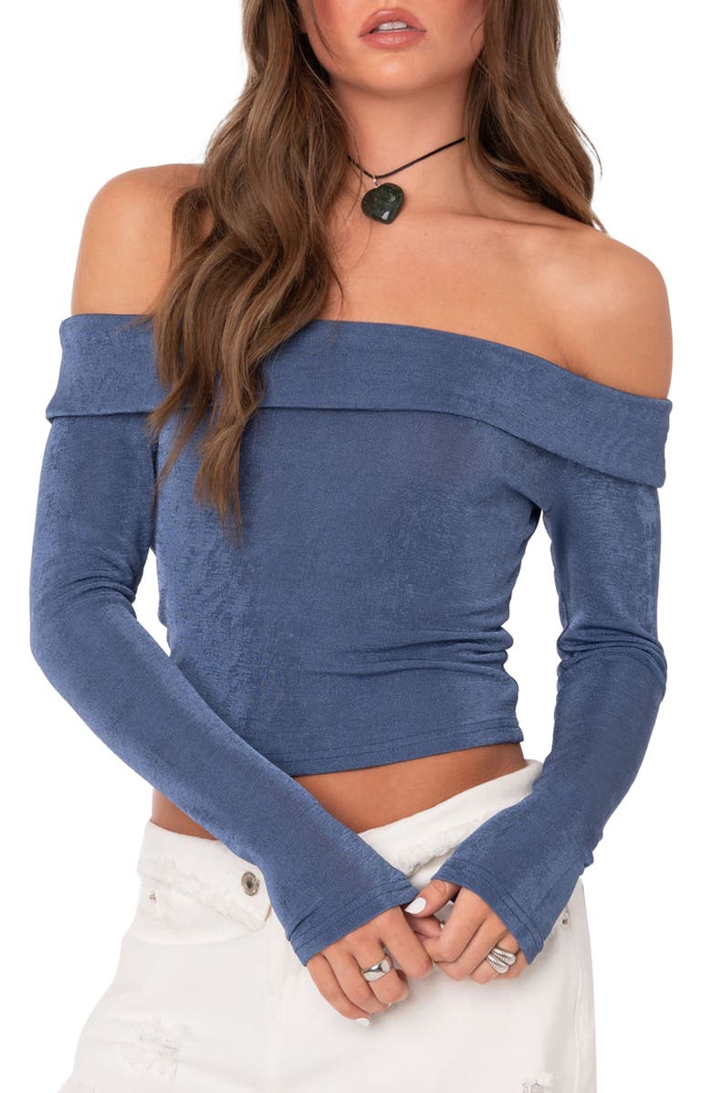 EDIKTED Athena Fold Over Off the Shoulder Long Sleeve Top, Main, color, Blue