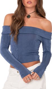 EDIKTED Athena Fold Over Off the Shoulder Long Sleeve Top