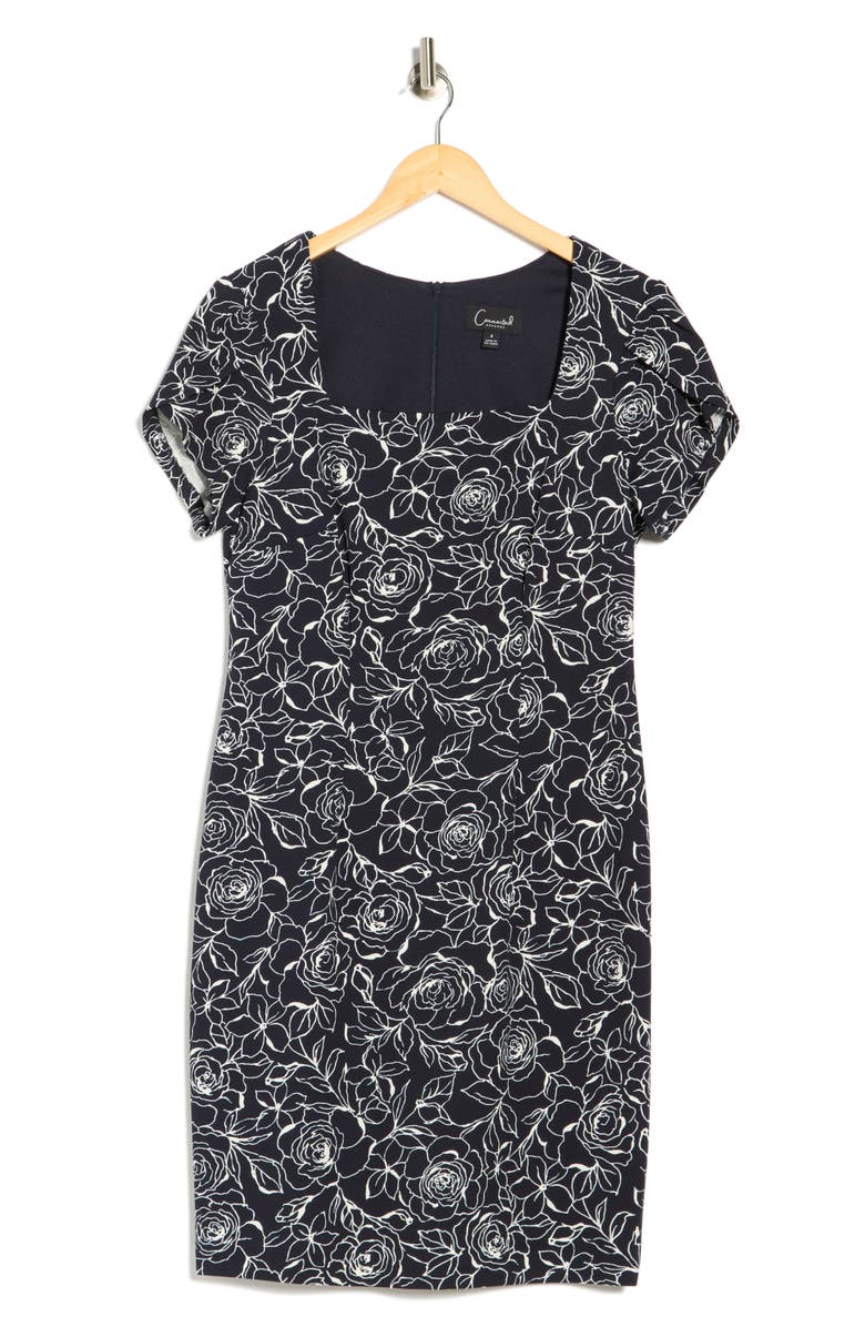 Connected Apparel Floral Tulip Sleeve Sheath Dress, Main, color, Navy
