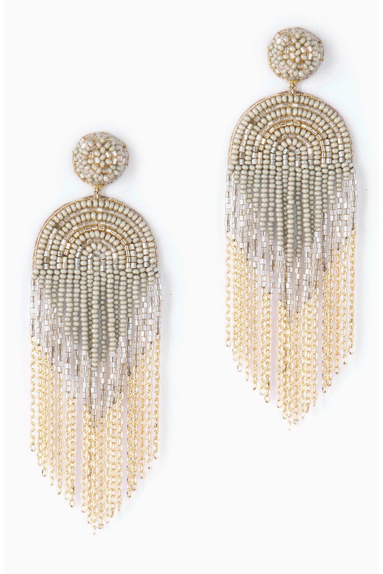 Circe Beaded Fringe Drop Earrings, Main, color, GREEN