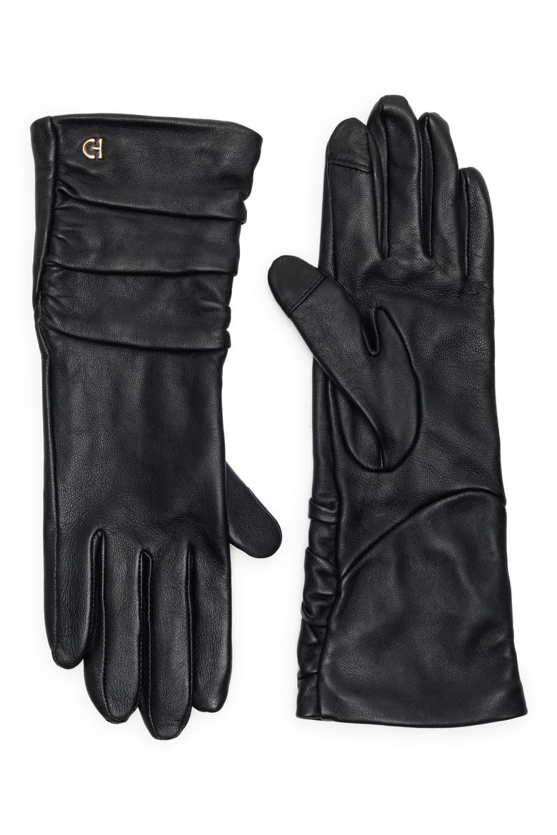 Ruched Leather Gloves, Main, color, CAVIAR