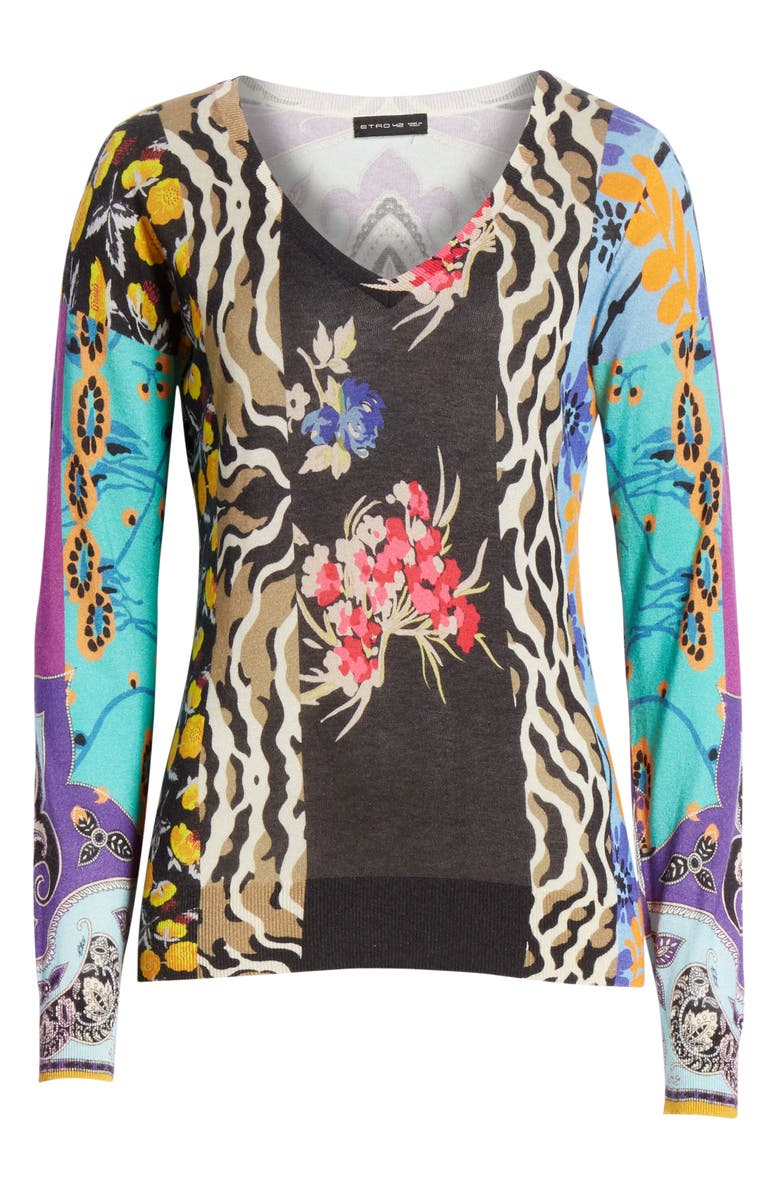 Etro Patchwork Print Silk & Cashmere Blend Sweater, Alternate, color,