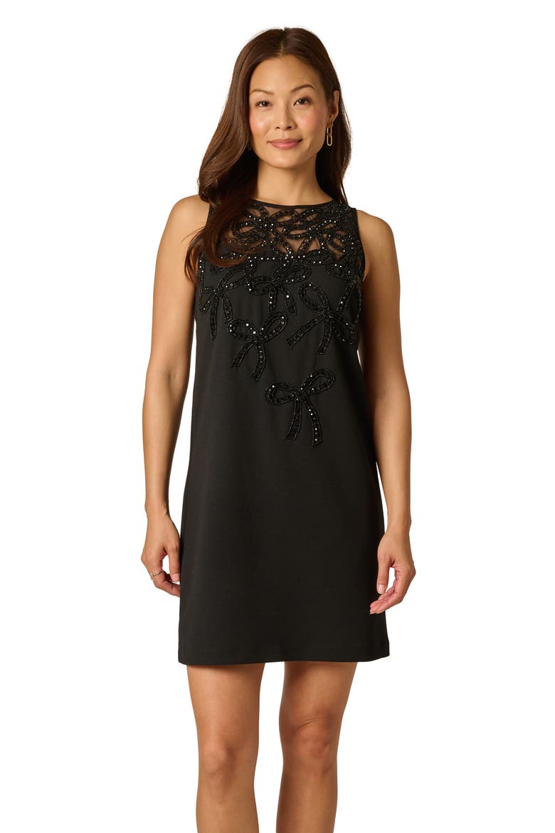 Beaded Bow Crepe Shift Dress, Alternate, color, BLACK