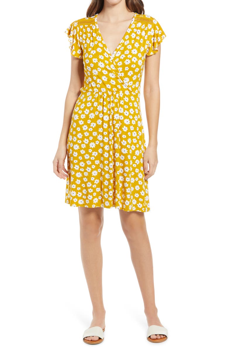 Loveappella Floral Wrap Front Flutter Sleeve Dress, Main, color,