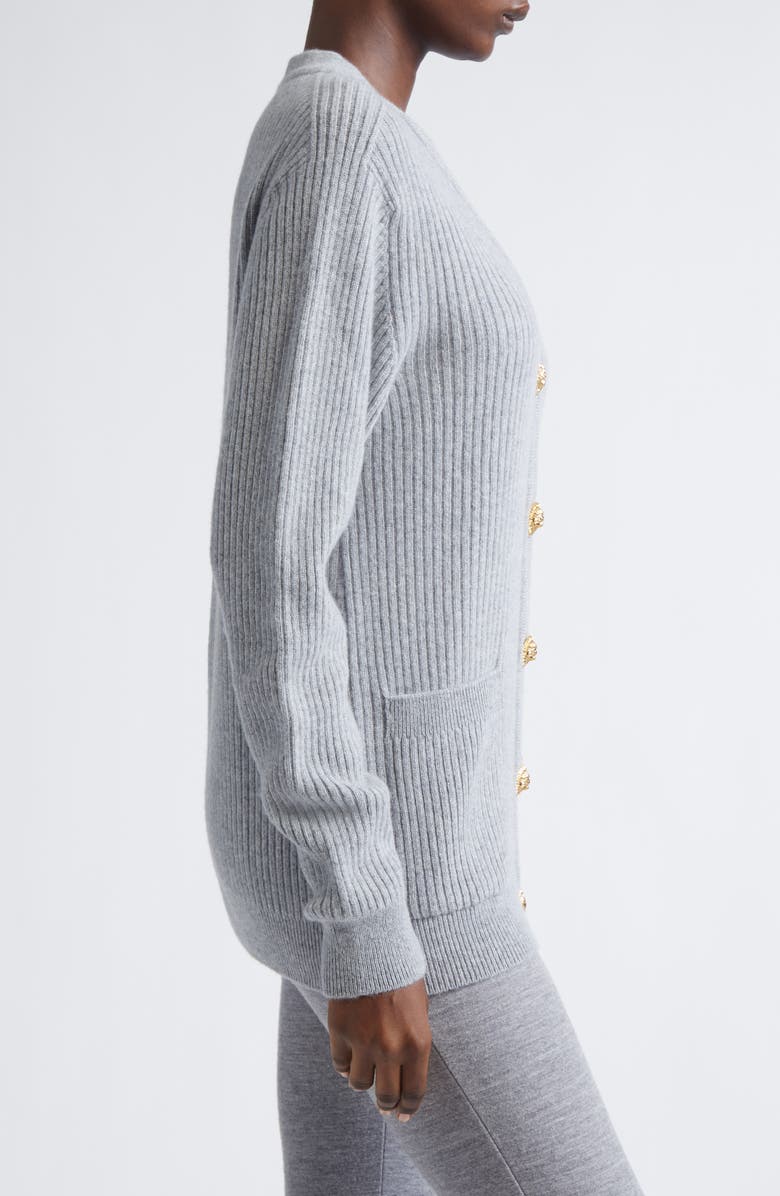 Balmain Button Detail Rib Cashmere & Virgin Wool Cardigan, Alternate, color, Heather