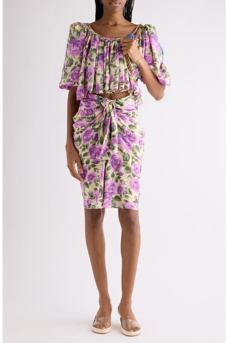 Rose Print Gathered Silk Satin Skirt, Alternate, color, YELLOW - PURPLE